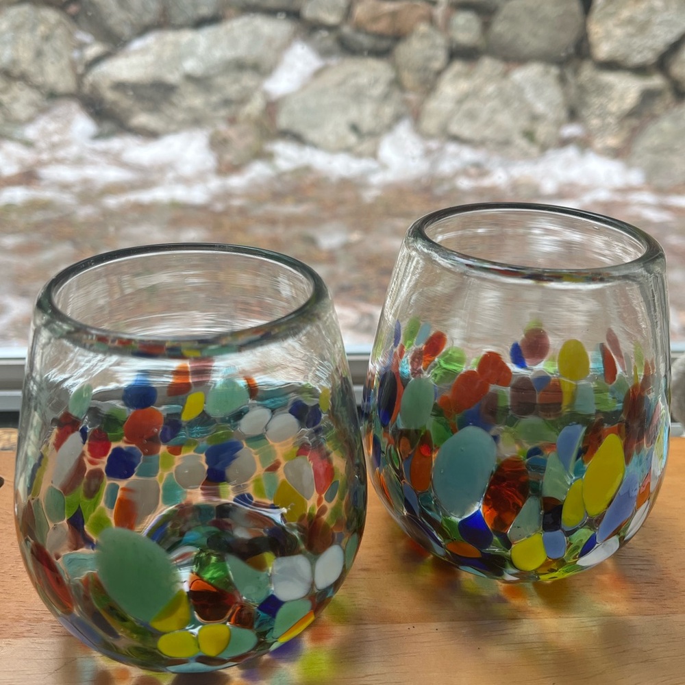 Set of 2 Hand Blown Confetti Art Glass Tumblers Multicolor Lowball
